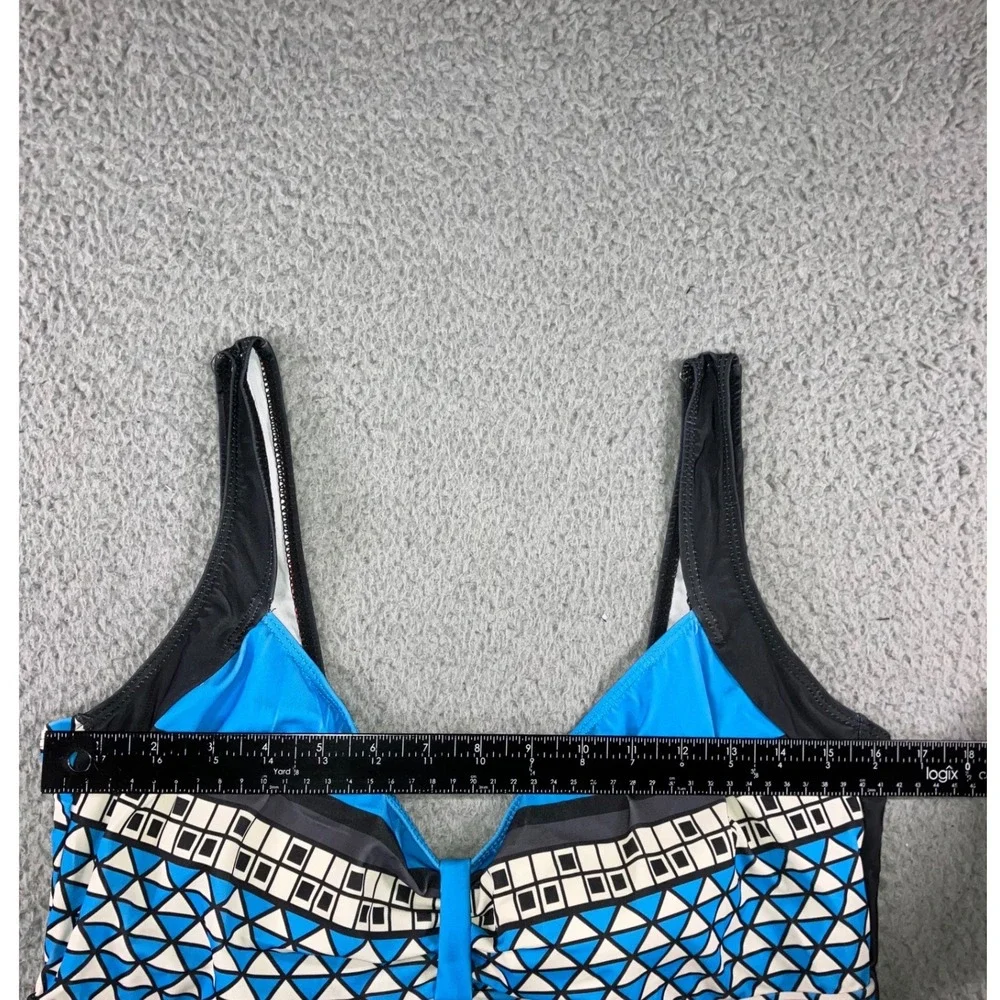 One‎ Piece Swimsuit Women 2XL Black Blue Geometric Tribal Print V-Neck Abstract